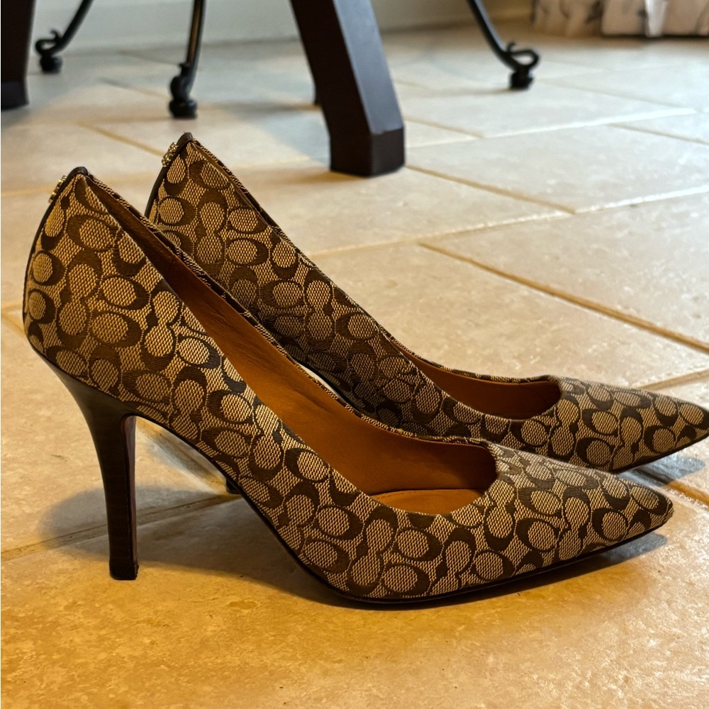 COACH brown & tan logo fabric heels
